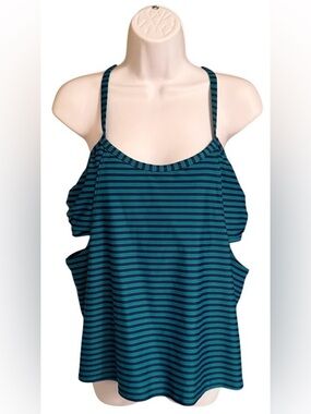 Xersion Women’s XL Tankini Swim Top Green Navy Striped Racerback NWT